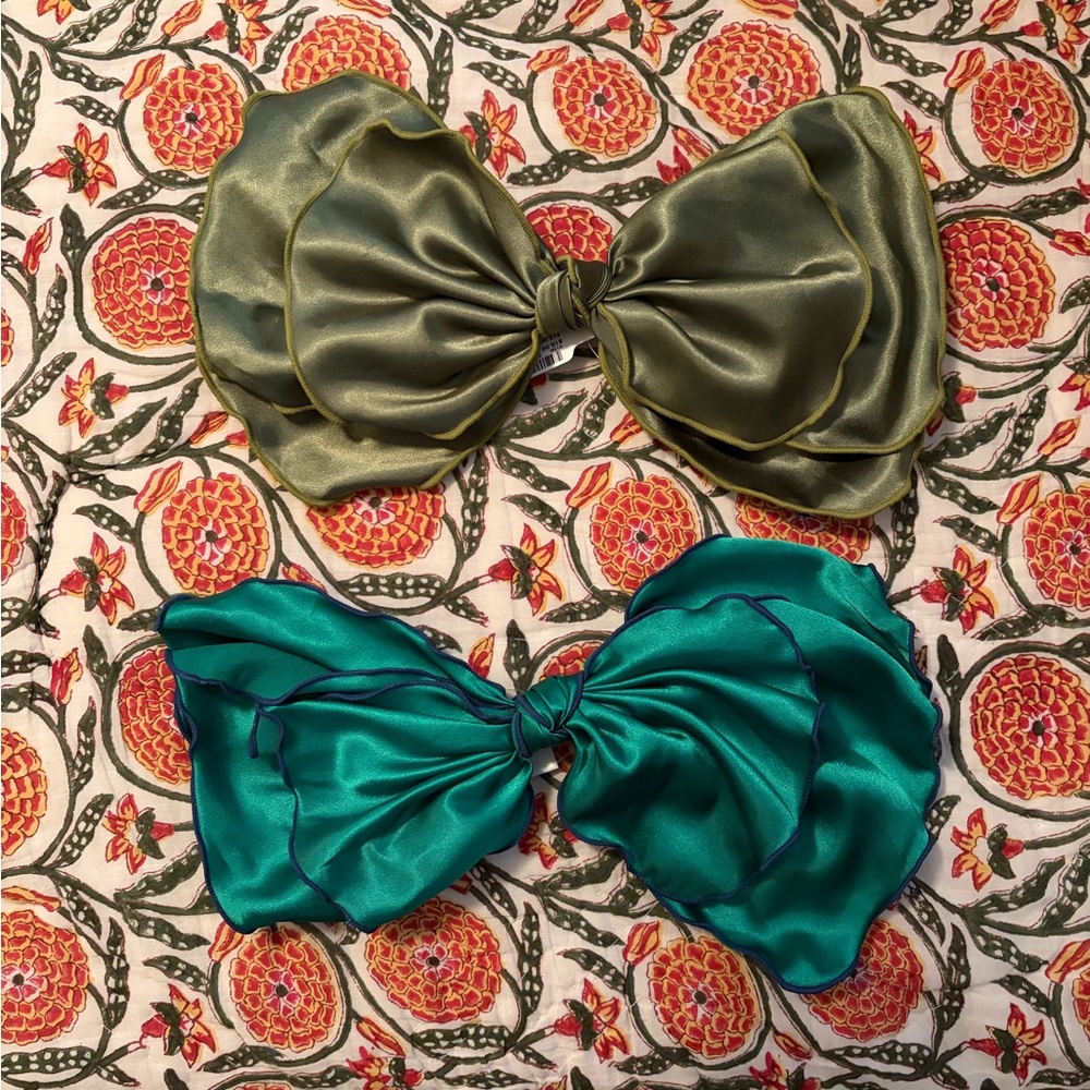 Pair of Anthropologie Satin Hair Bows - Olive Green and Teal